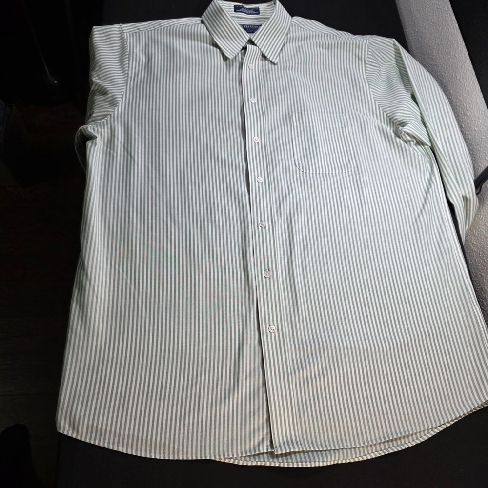 Stafford Essentials Mens Green White Striped Oxford‎ Shirt Classic Fit 17 36-37 - Picture 6 of 7
